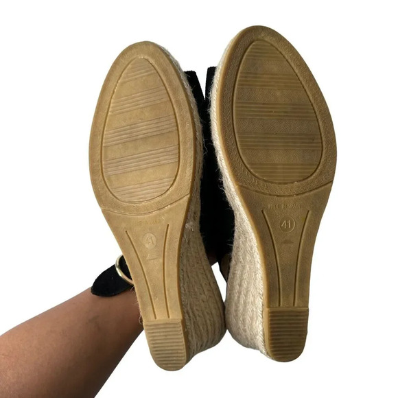 Kanna Espadrille Wedge Sandals Black Suede Peep Toe Slingback Size 9.5 Casual - Picture 4 of 9